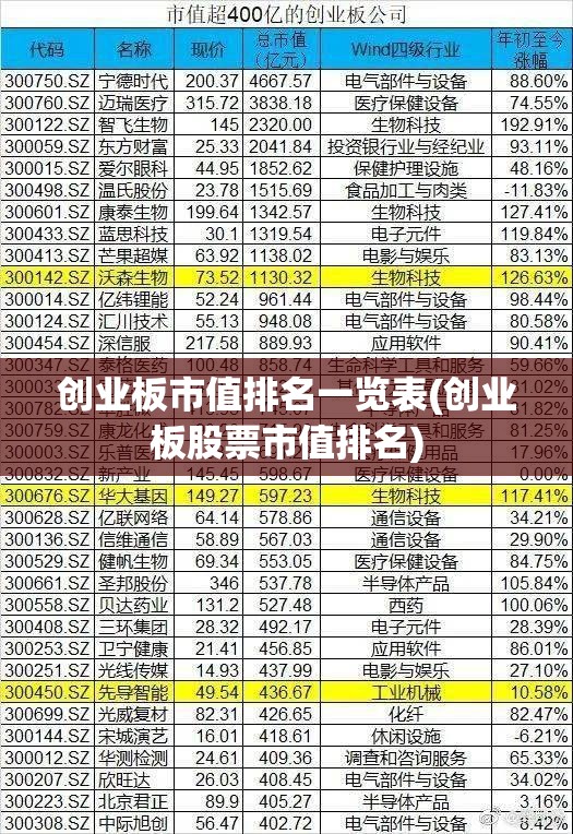 创业板市值排名一览表(创业板股票市值排名) 创业板市值排名一览表(创业板股票市值排名)